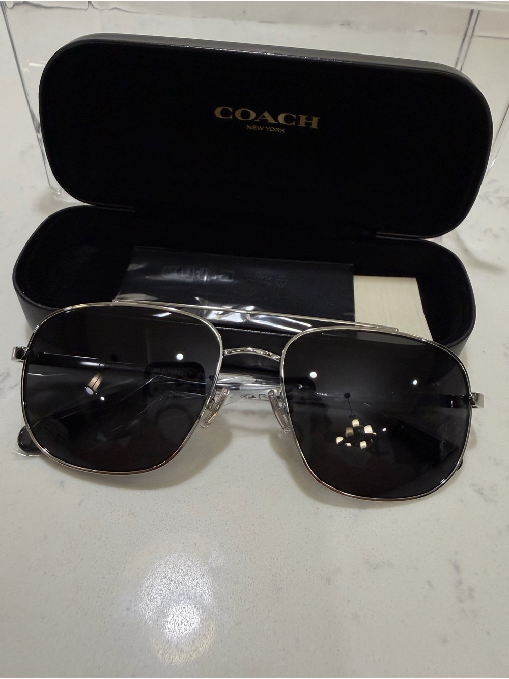 Coach Silver Frame Dark Gray Lens Aviator Sunglasses - Picture 1 of 10